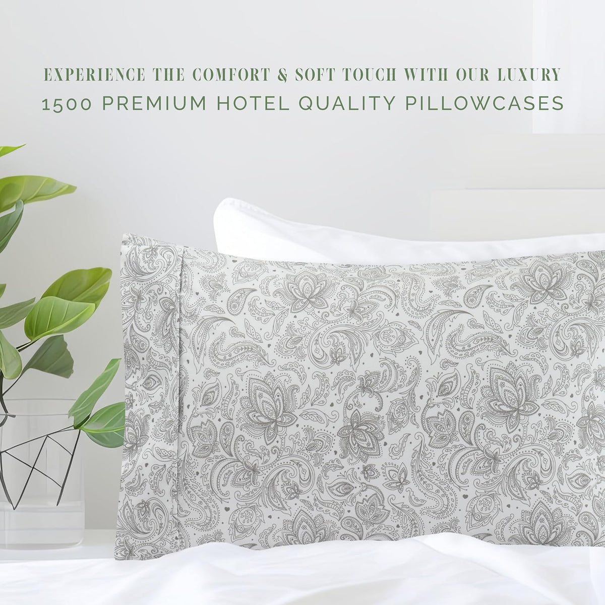 Elegant Comfort Ultra Soft Set of 2 Floral Print Pillowcases - 1500 Premium Hotel Quality Microfiber, Soft and Smooth Envelope Closure 2-Piece Pillow Covers - Standard/Queen, Paisley Gray