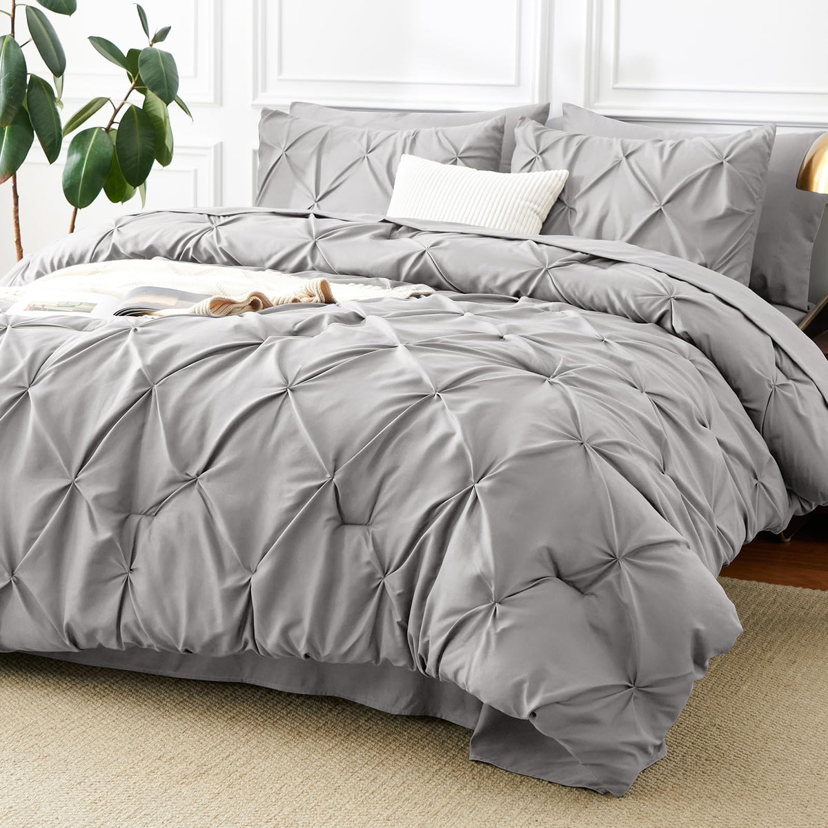 CozyLux Queen Comforter Set Black, 7 Pieces Pintuck Bed in a Bag