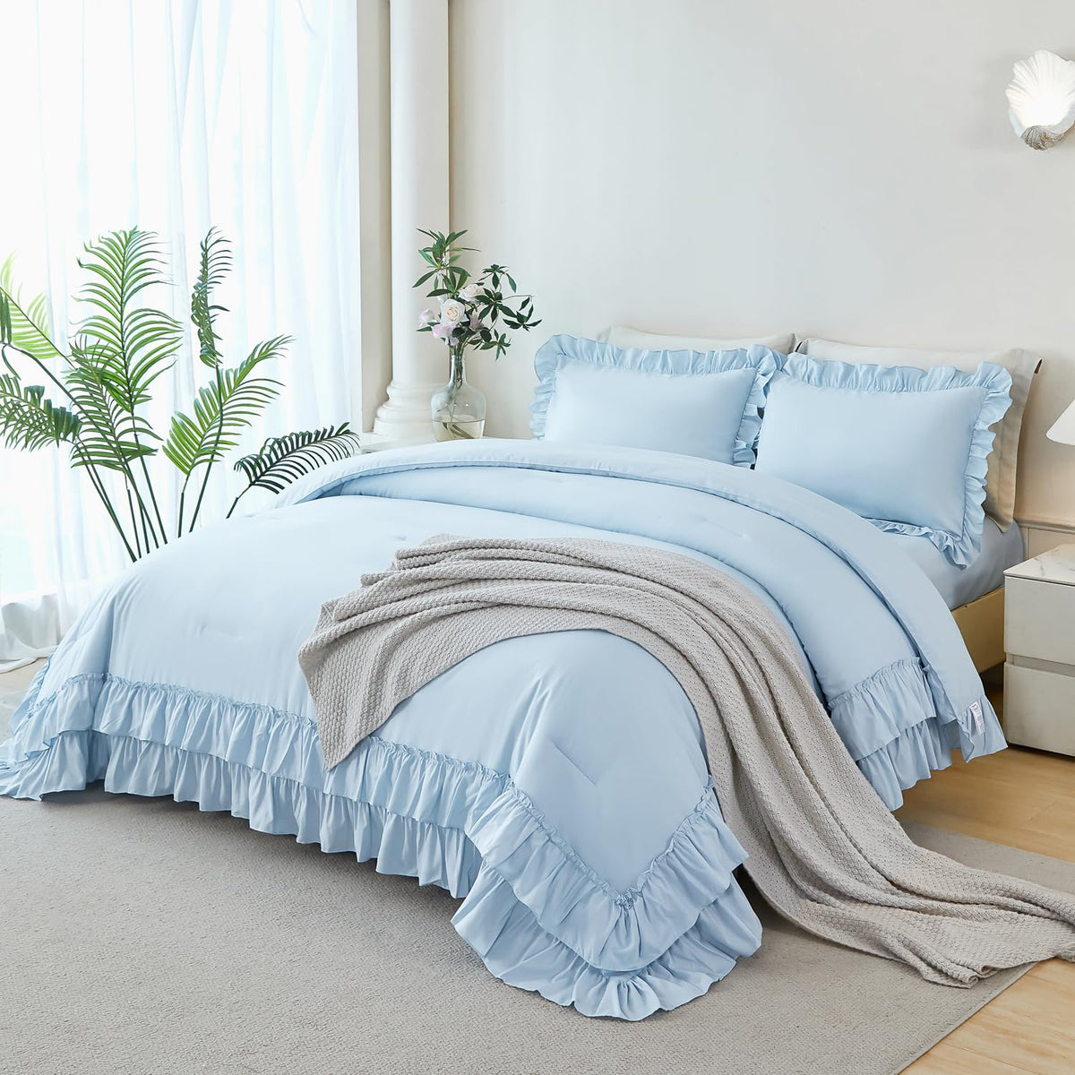 ANGIYUIN 5Pcs Beige Ruffled Comforter Set Queen Double-Layer Ruffle Bedding Comforter Set for Women Girls Fluffy Shabby Chic Bed in a Bag with Sheets(Beige Queen)
