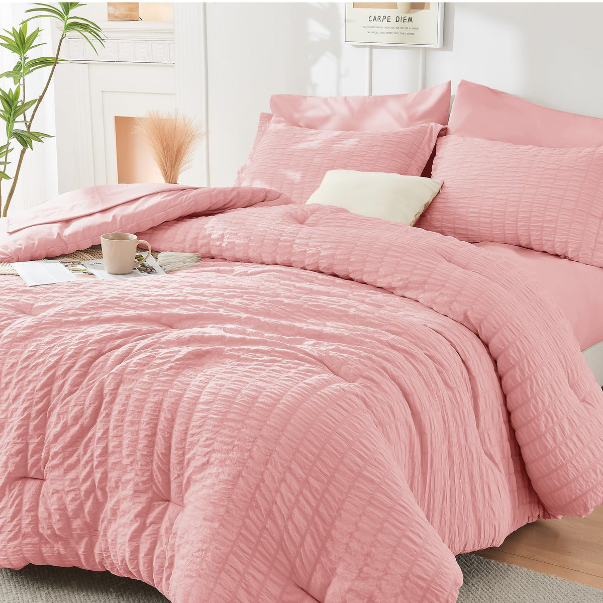 King Comforter Set - 7PCS Bed in a Bag, Seersucker Bedding Set, Dark Grey