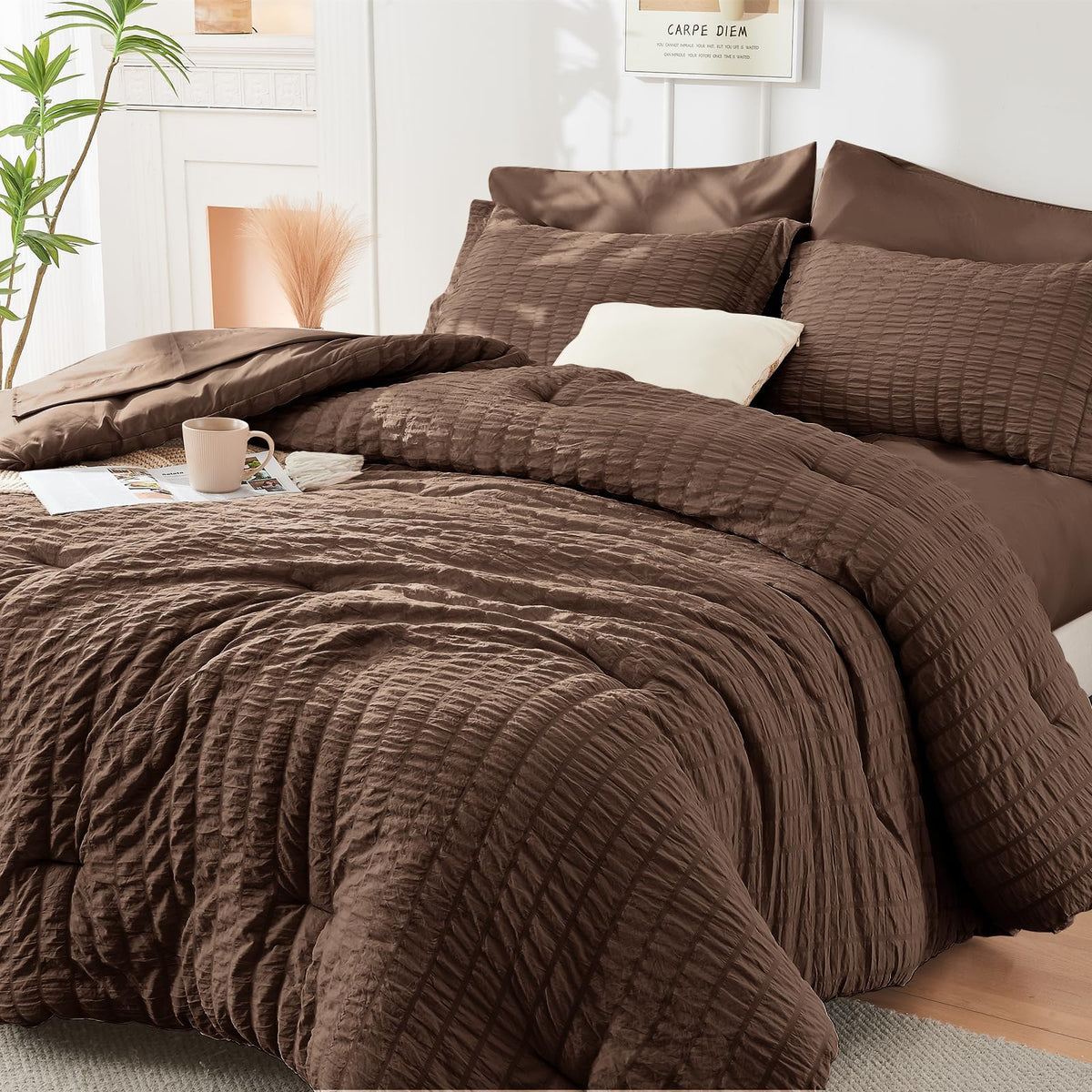 King Comforter Set - 7PCS Bed in a Bag, Seersucker Bedding Set, Dark Grey