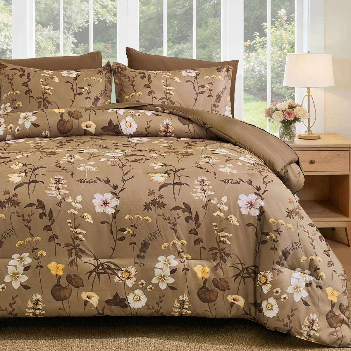 DJY Floral Comforter Set Queen Size,Brown Botanical Bedding Sets