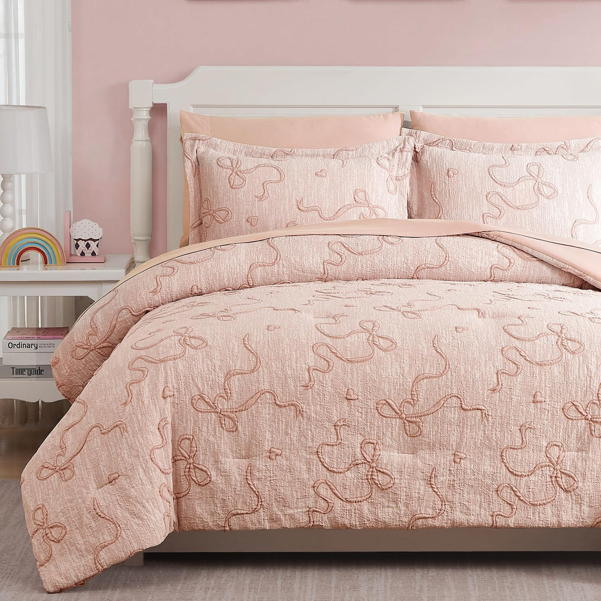 Queen Comforter Set - 7 Pieces Pink Bedding Set Bow Jacquard Bed in a Bag