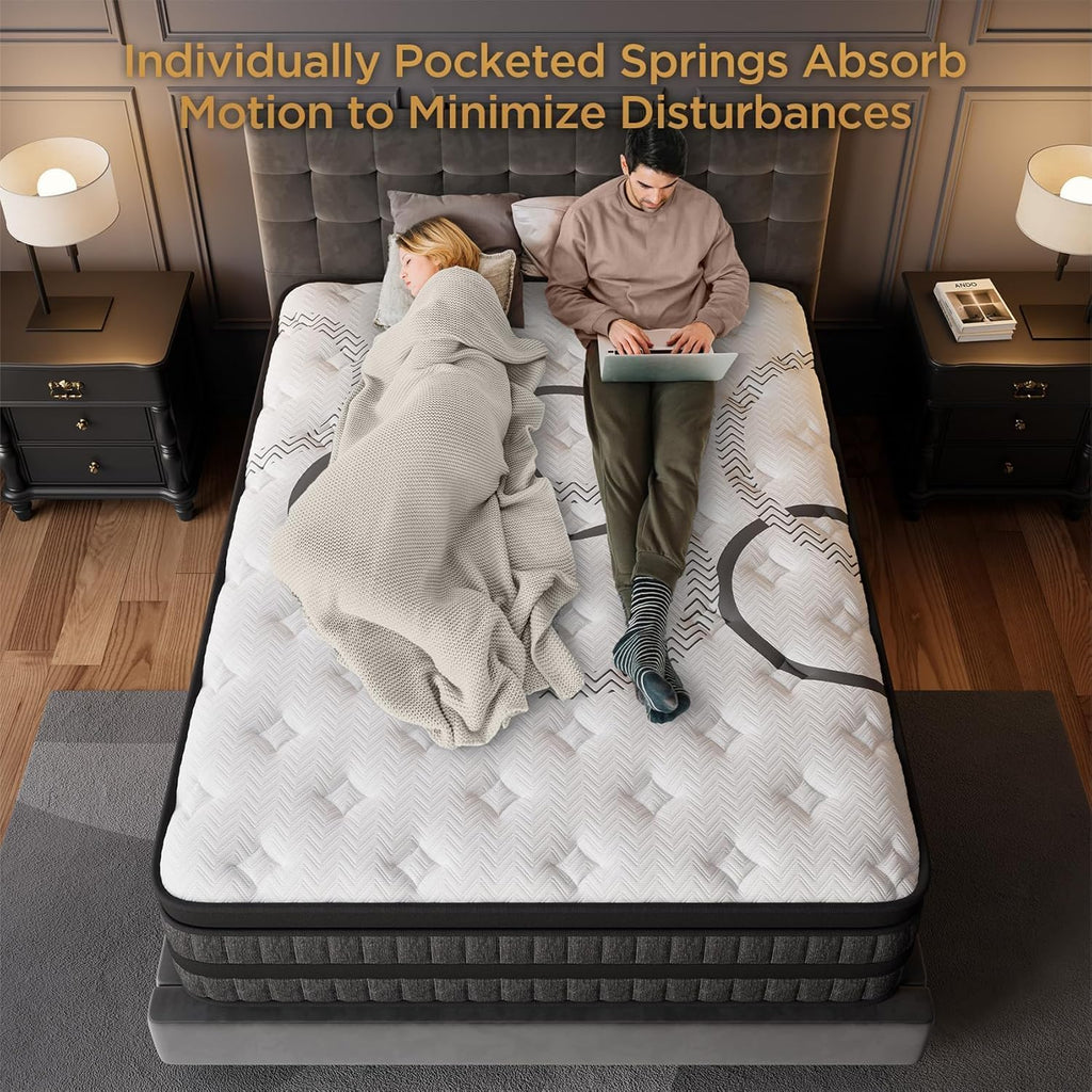 PUBPLON Queen Mattress 14 Inch Hybrid Mattress Euro Top Medium Firm for Back & Lumbar Support [New Version], 365 Night Trial, Individual Pocket Spring for Motion Isolation & Pressure Relief