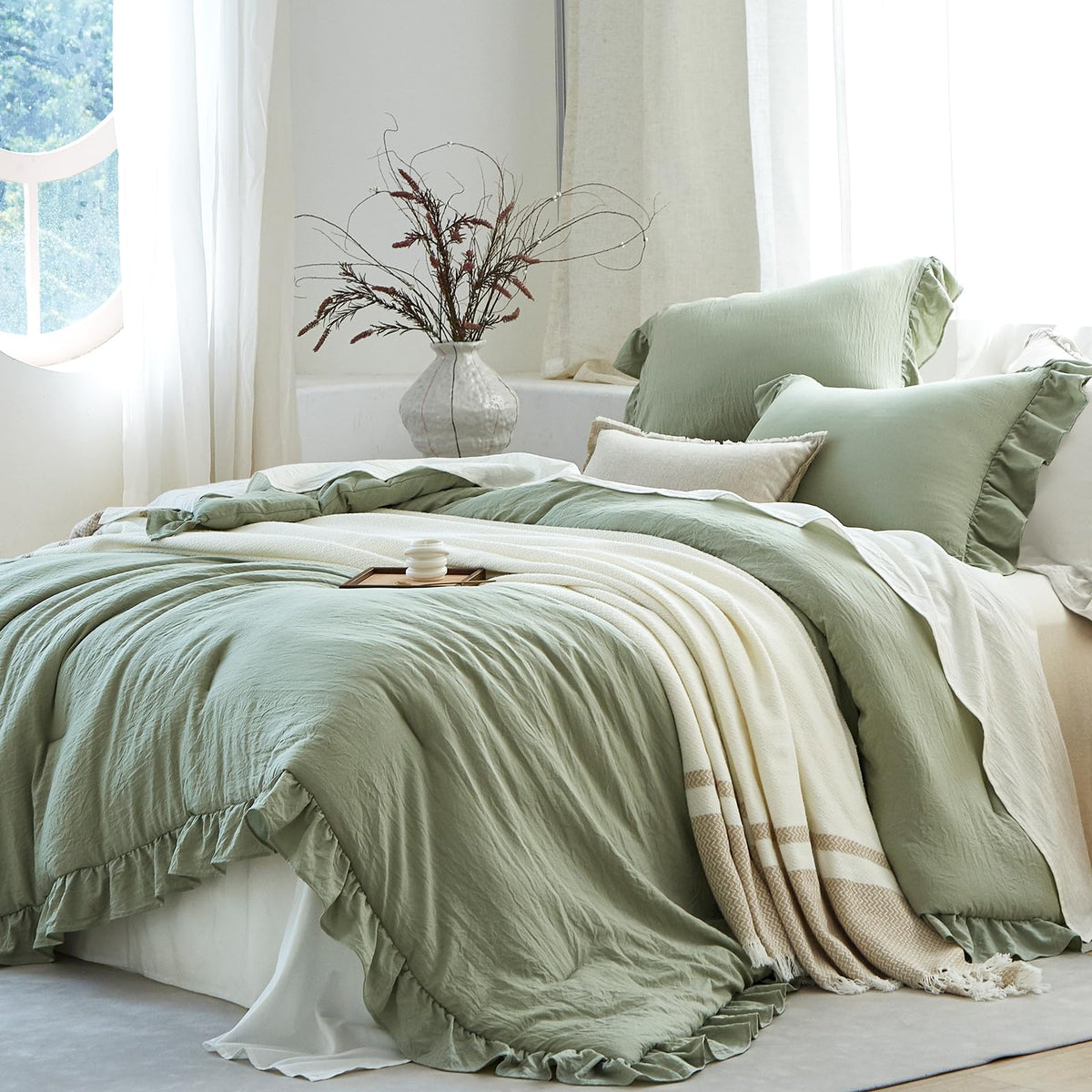 Beige Ruffle 2 Pieces Comforter Set Twin Shabby Chic Bedding Set