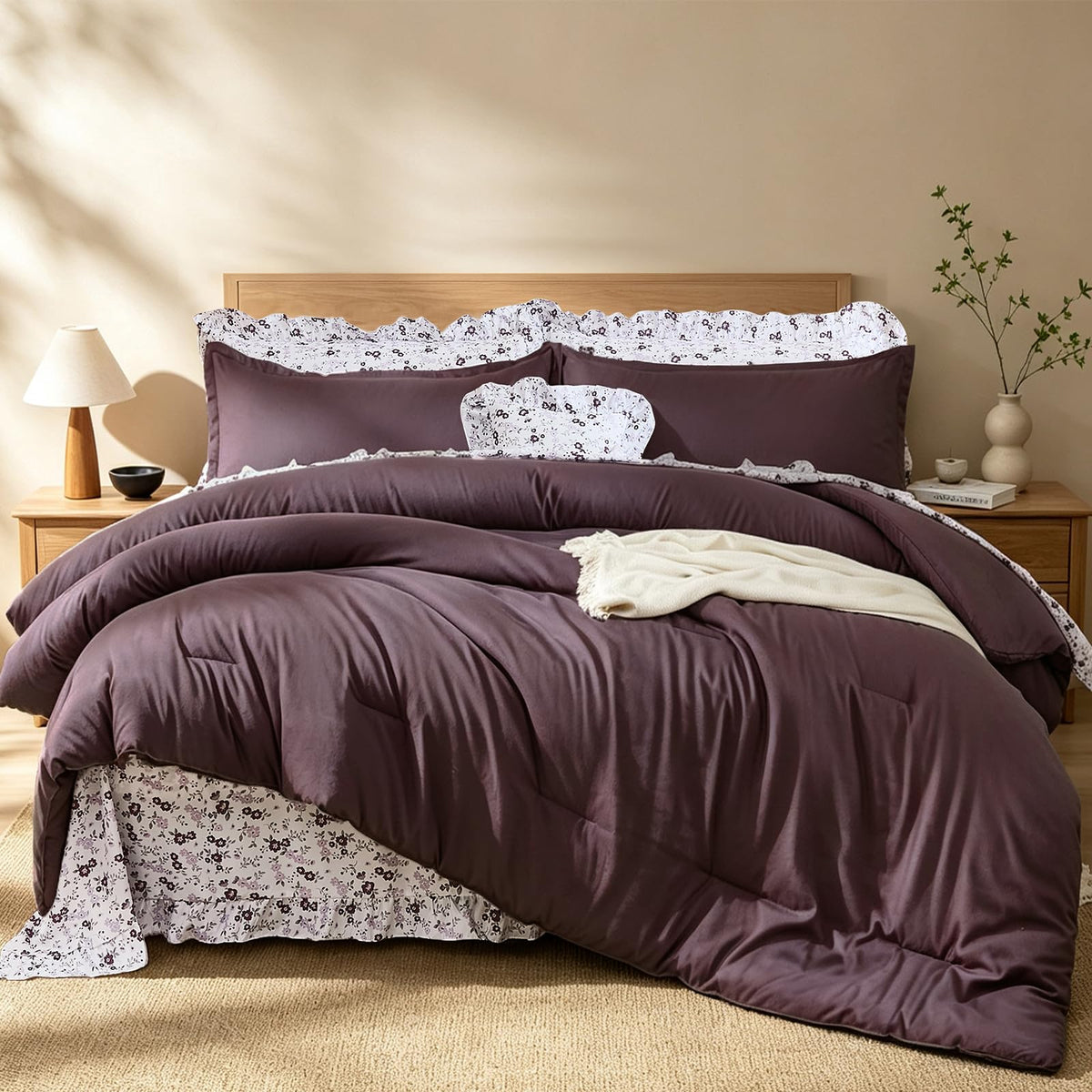 8PC Queen Comforter Set Blue, Ruffle Comforter with Floral Sheets