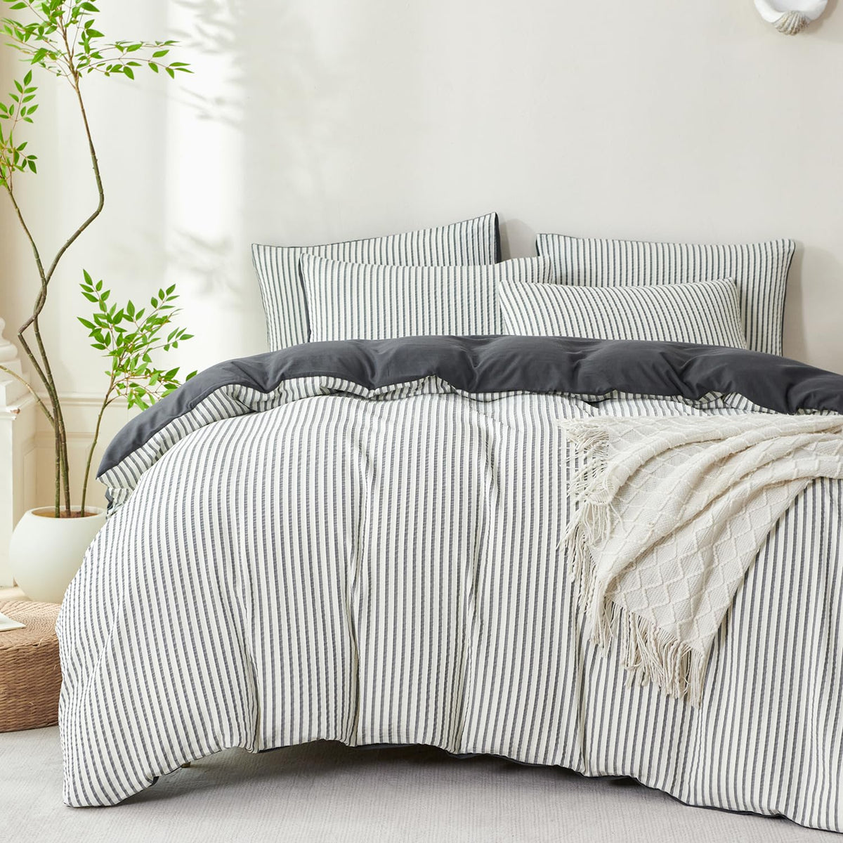 Sage Green Queen Size Comforter Set Striped 100% Soft Washed Microfiber Jacquard 3 Pieces Striped Bedding Sets Green White Comforter Queen for All Seasons and 2 Pillowcases Comfort Breathable