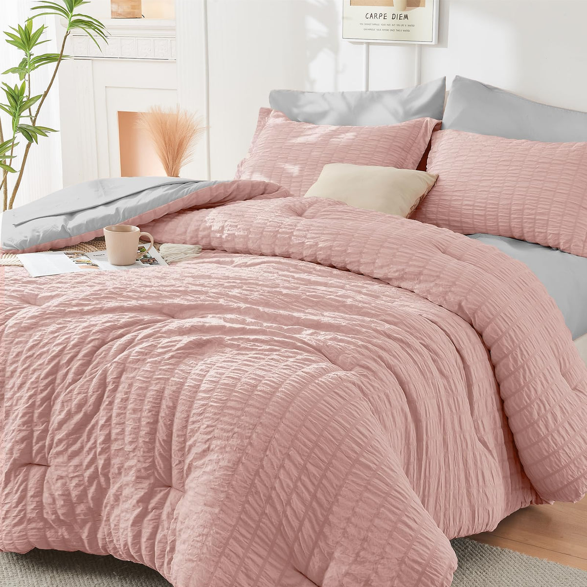 King Comforter Set - 7PCS Bed in a Bag, Seersucker Bedding Set, Dark Grey