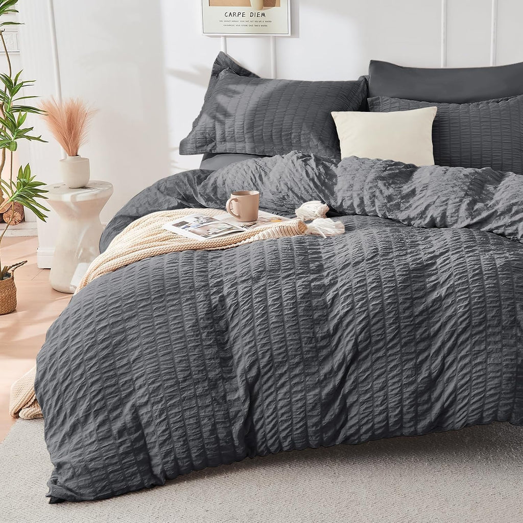 King Comforter Set - 7PCS Bed in a Bag, Seersucker Bedding Set, Dark Grey