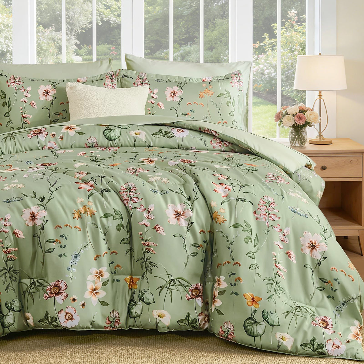 DJY Floral Comforter Set Queen Size,Brown Botanical Bedding Sets