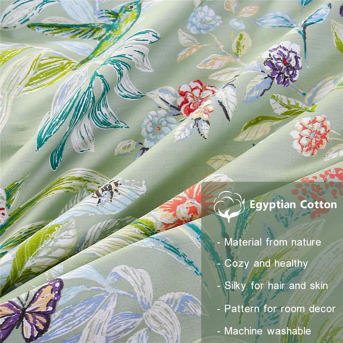 URBONUR 100% Cotton Pillowcases Set of 2 Standard Size Floral Printed Butterfly Pillow Cases Soft Breathable Cooling Pillowcase Decorative Pillow Cover (Standard, 20x26 Inches, Green Flowers)