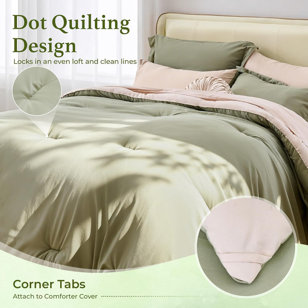BDEUS 7 Pieces Comforter Set King Size, Reversible Oatmeal & Sage Green Bedding Set, Soft Brushed Microfiber Comforter with Flat Sheet, Fitted Sheet, Pillowcases & Shams, 104"X90"