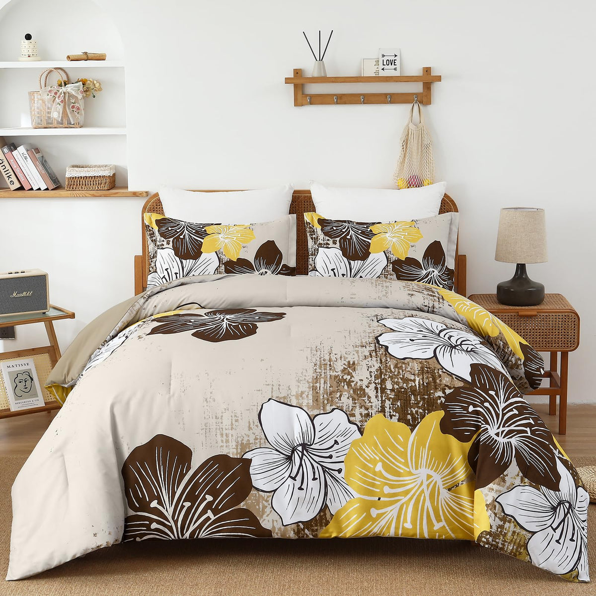 Menghomeus Queen Comforter Set, 3 Piece Dark Purple Floral Bedding Sets
