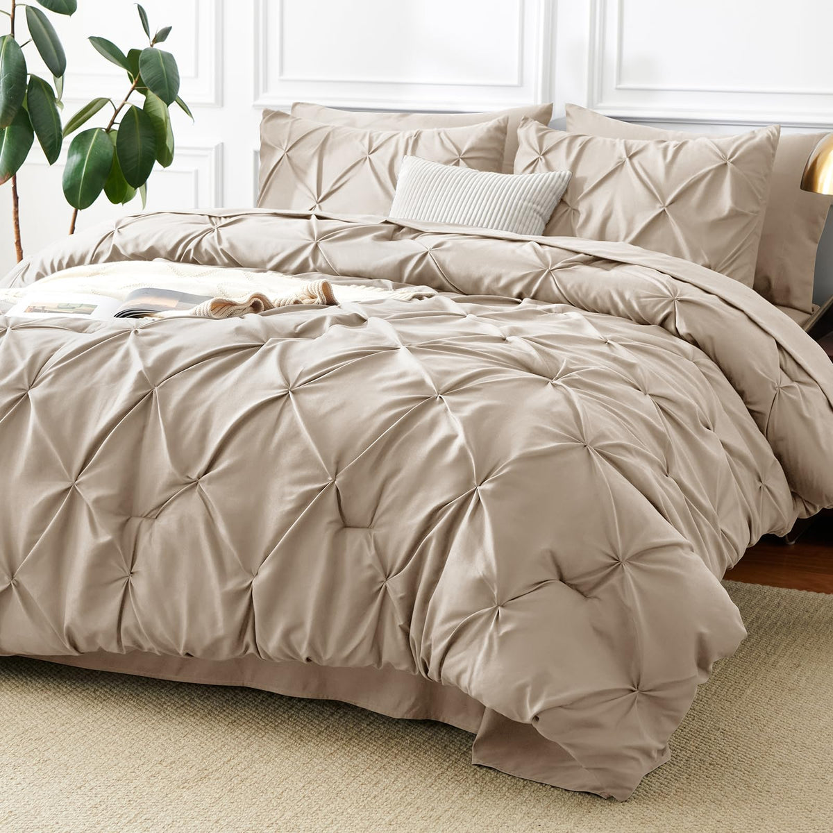CozyLux Queen Comforter Set Black, 7 Pieces Pintuck Bed in a Bag