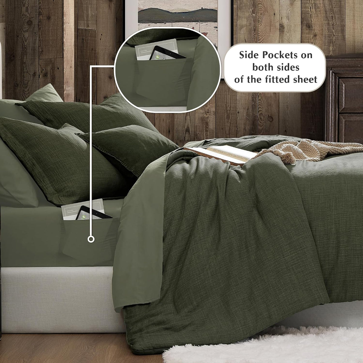 King Comforter Set - 7 Pieces Green Textured Bed in a Bag King Bedding Set