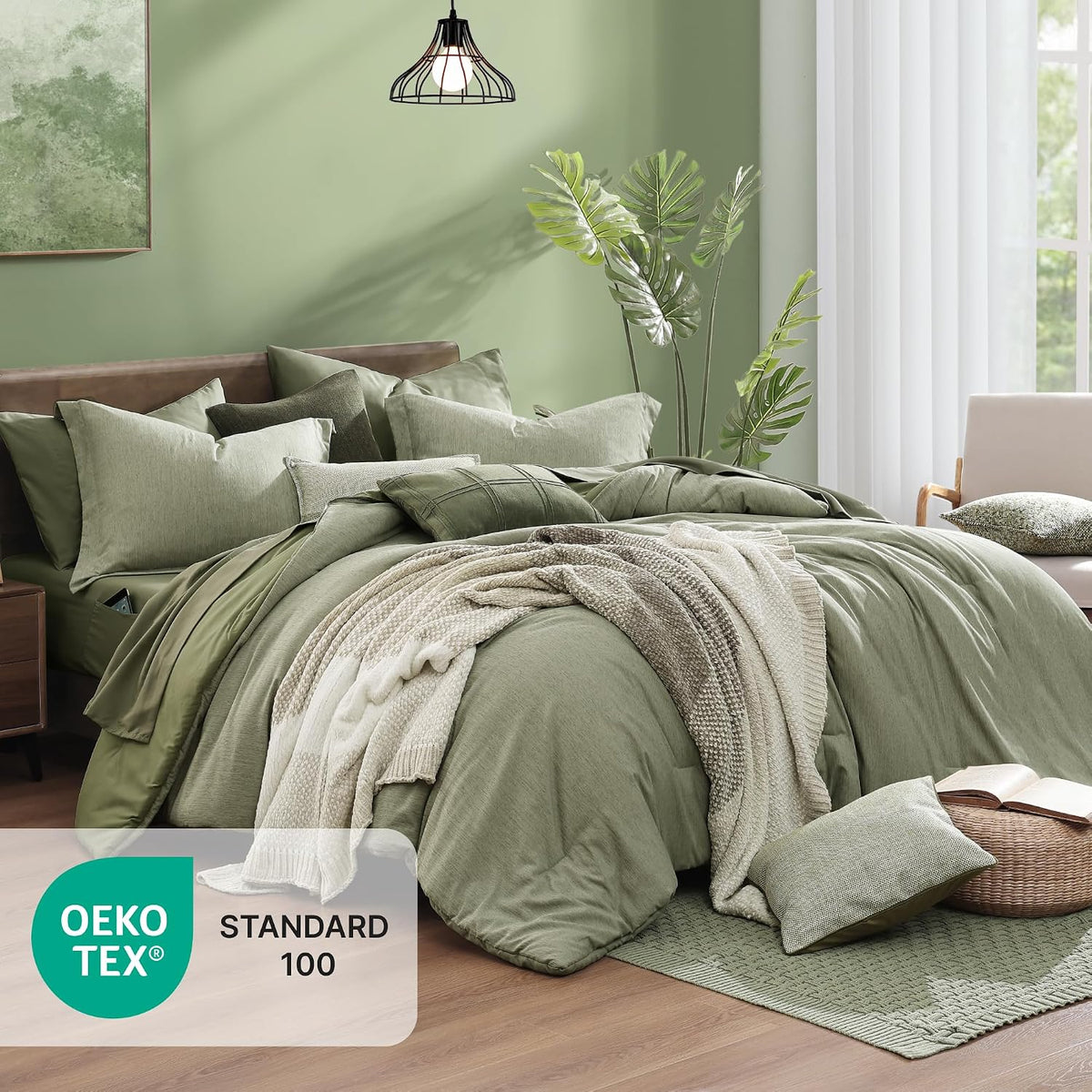 Monbix King Size Comforter Set Sage Green 7 Pieces Bed in a Bag