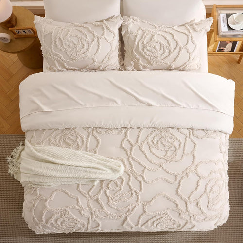 7 Pieces Comforter Set Queen Khaki Tufted Rose Soft Fluffy Boho Tufted Comforter Set All Season Bed in a Bag Set Shabby Chic Farmhouse Rustic Style Bedding