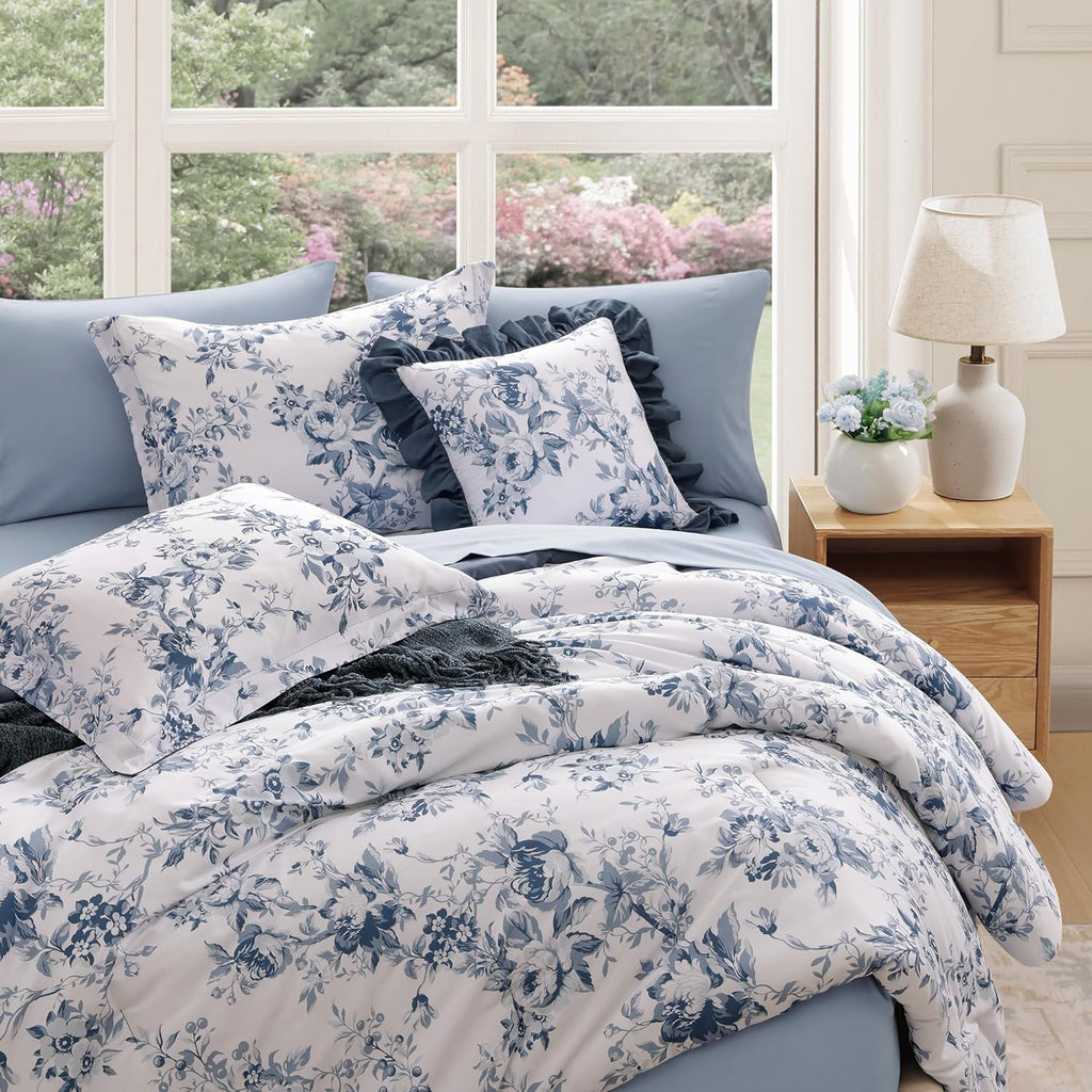BLOOMHAVEN King Size Comforter Set-7 Pieces Blue Floral Bed in a Bag King
