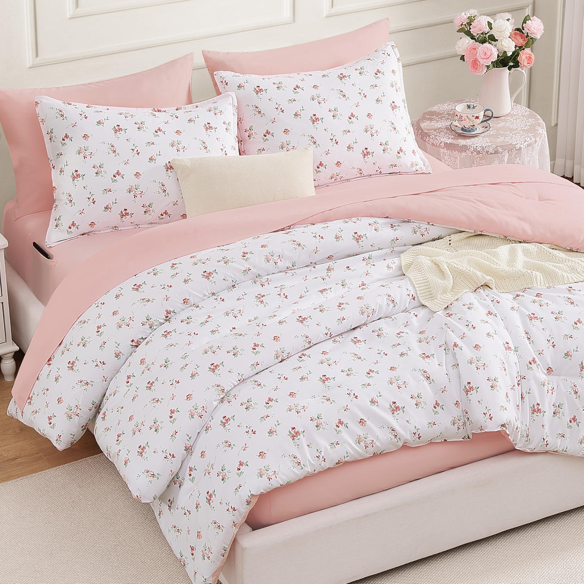 Andency Floral Full Comforter Set, 7 Pieces Cute Blue Coquette Bedding