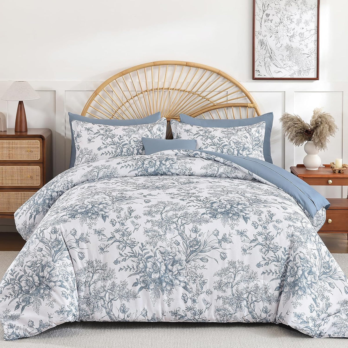 Queen Comforter Set 8 Pieces, Floral Comforter Set Blue, Bed in a Bag Queen