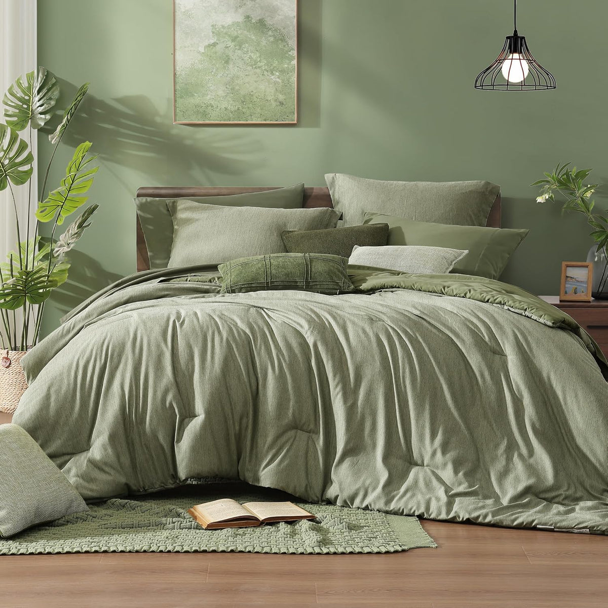 Monbix King Size Comforter Set Sage Green 7 Pieces Bed in a Bag