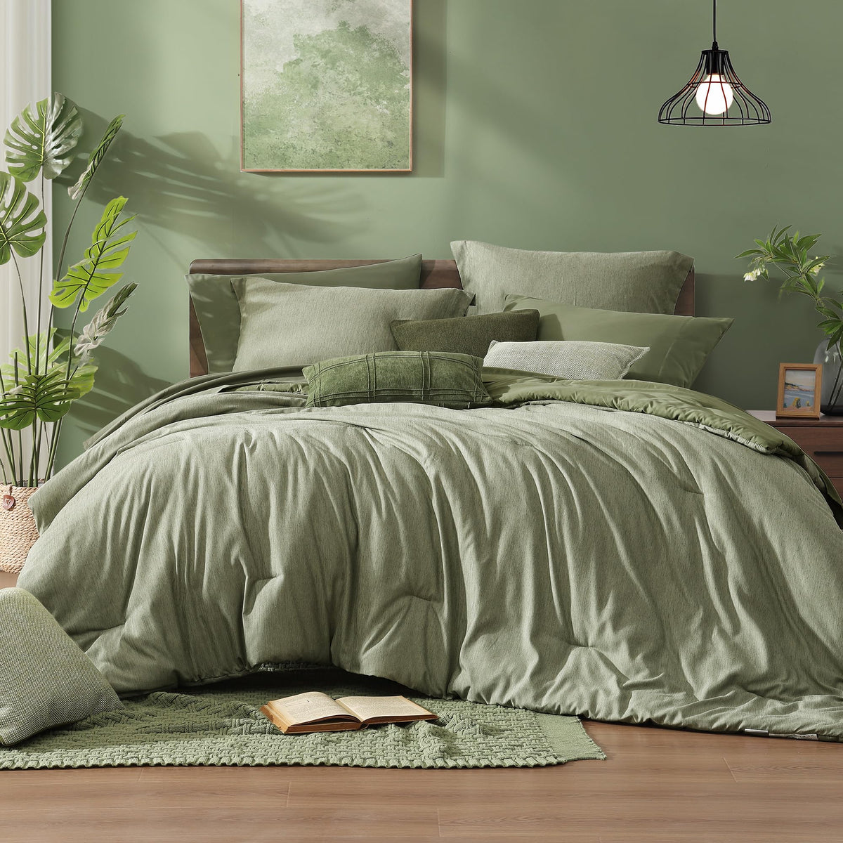 Monbix King Size Comforter Set Sage Green 7 Pieces Bed in a Bag