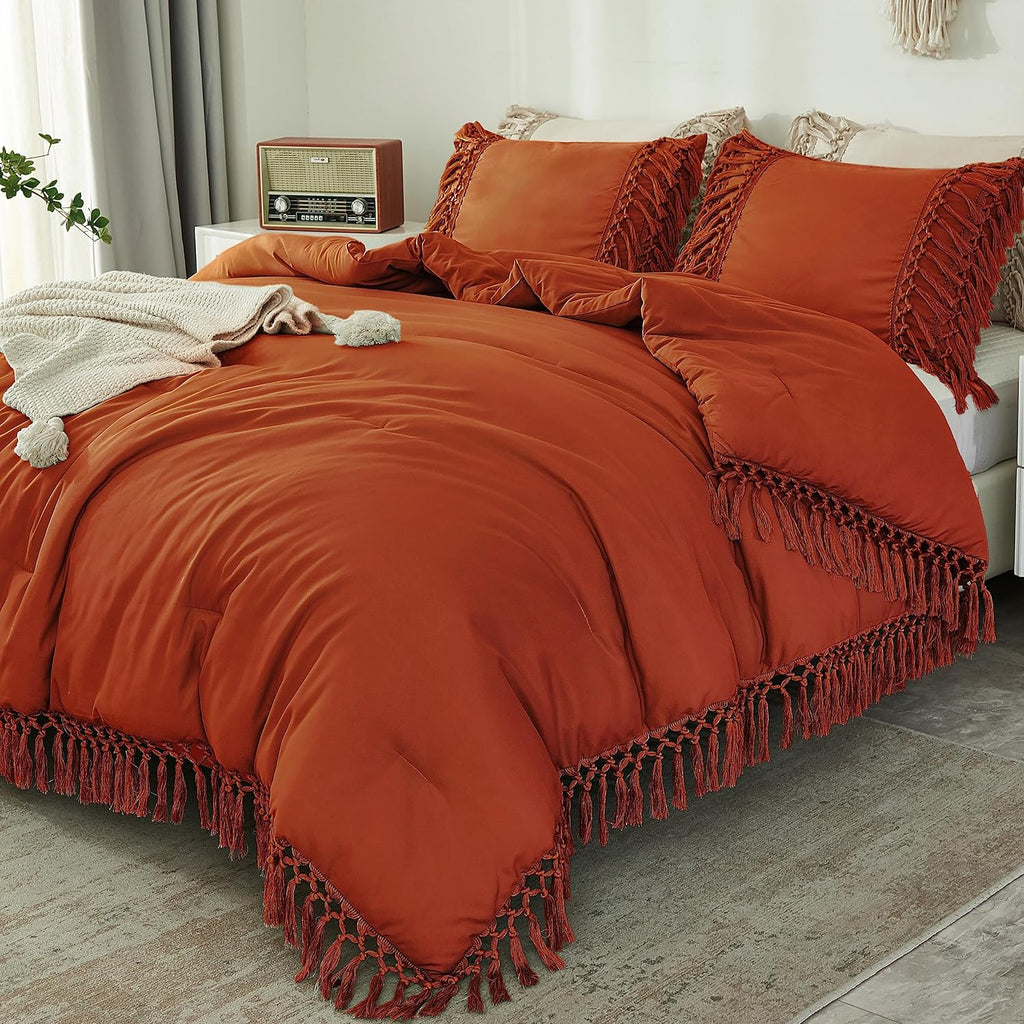 Andency Terracotta Comforter Set Full, 3 Pieces Boho Tassel Bedding