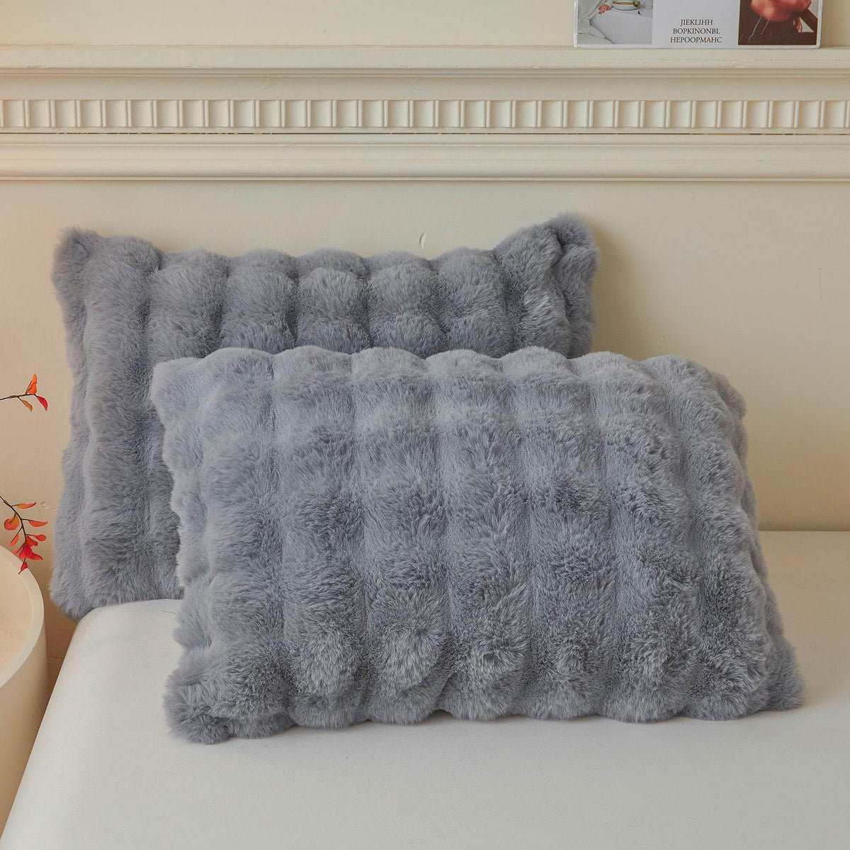 LIFEREVO 2 Pack Fluffy Faux Rabbit Fur Standard Pillow Cases, Beige