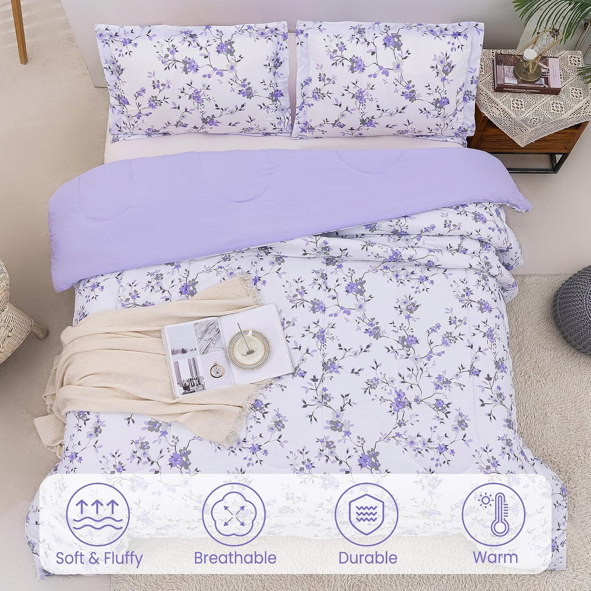 Mooreeke Floral Queen Size Comforter Sets, Lightweight Purple Lavender Botanical Printed Bedding for All Seasons, 3-Piece Vintage Bed in a Bag with Fluffy Quilted Reversible Comforter & 2 Pillow Shams
