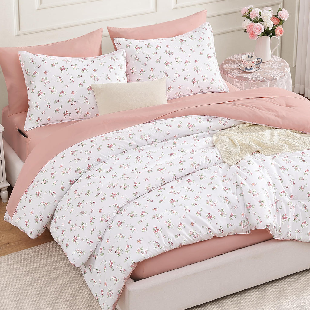 Andency Floral Full Comforter Set, 7 Pieces Cute Blue Coquette Bedding