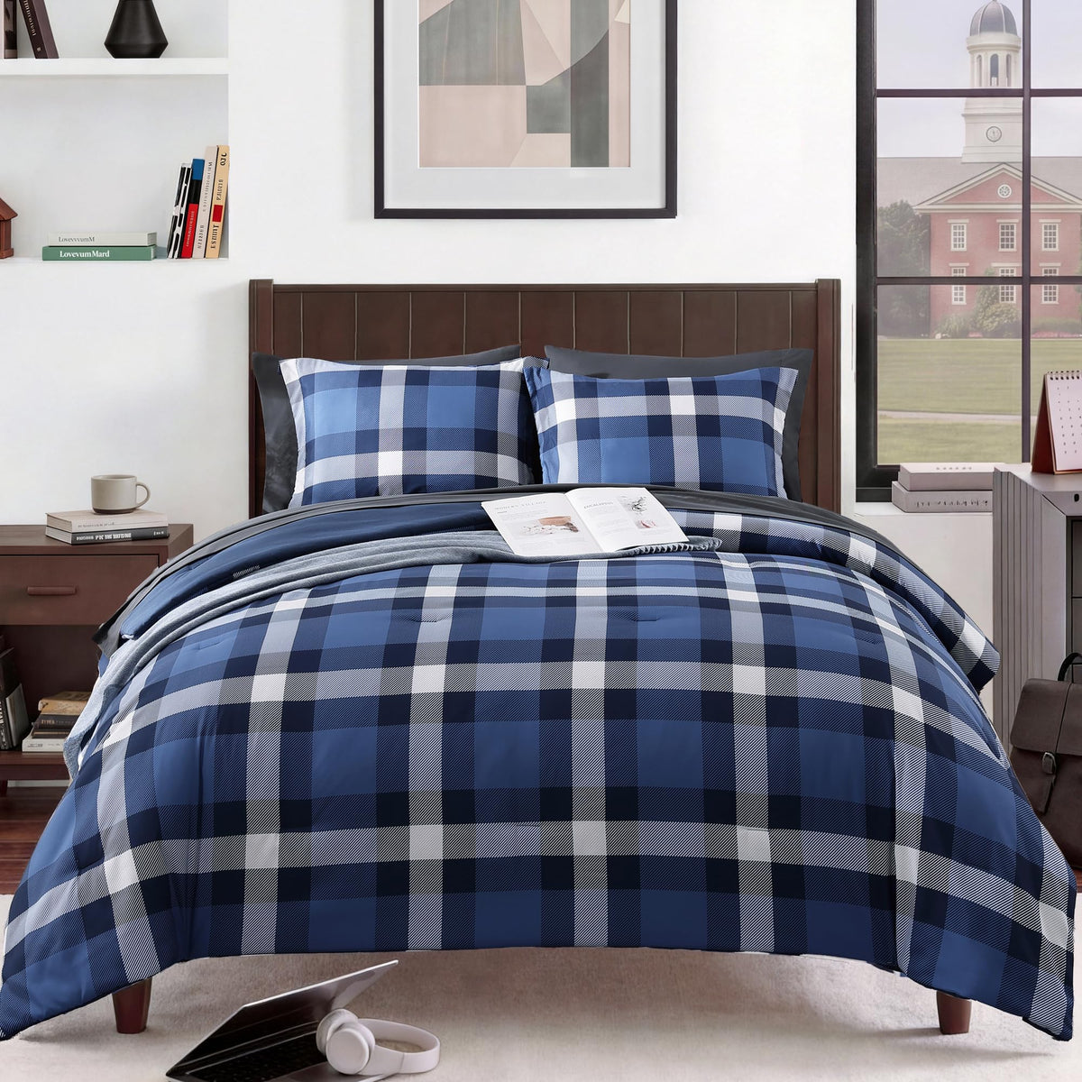 MaiRêve Plaid Queen Comforter Set Navy Blue 7 Pieces Bed in a Bag