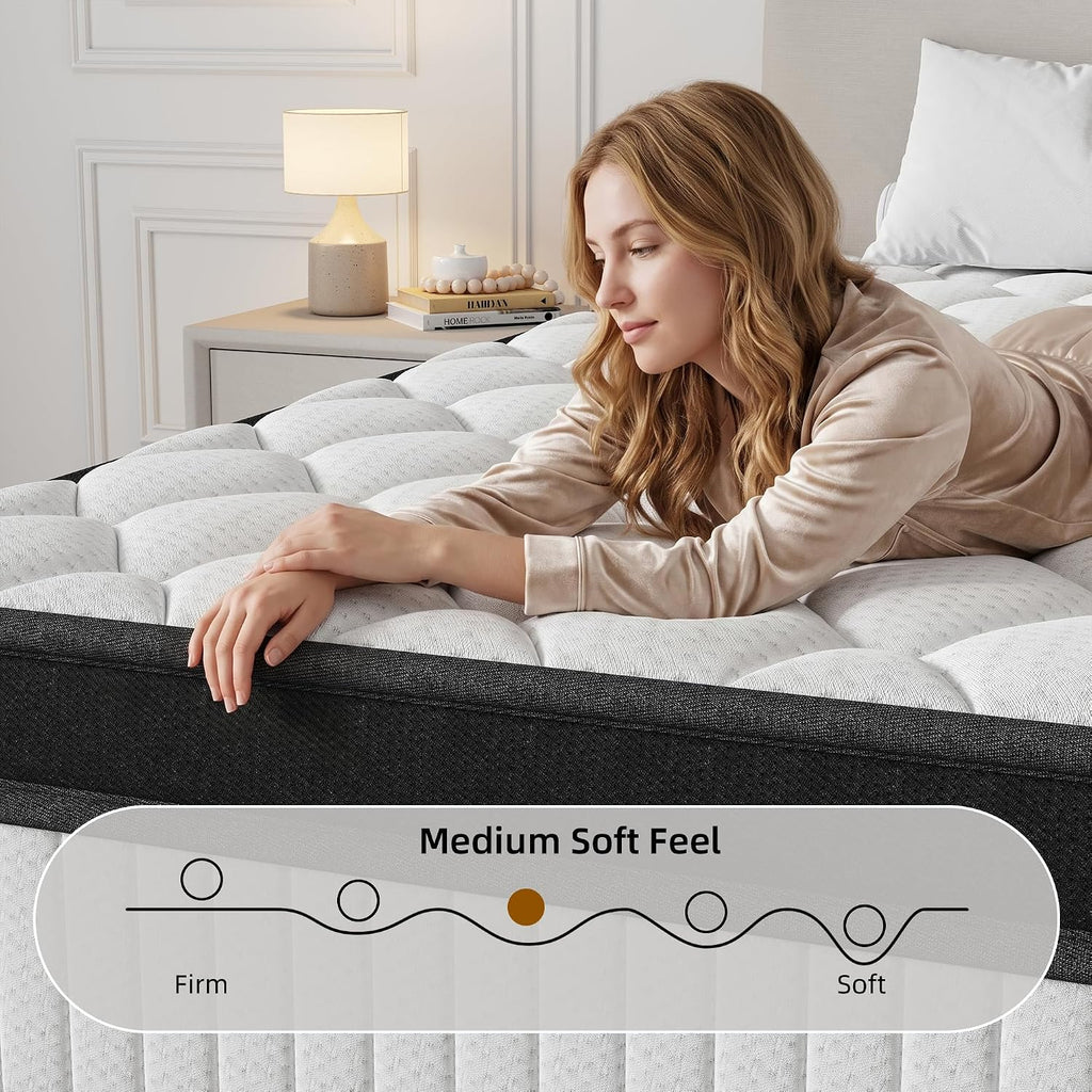 12 Inch Queen Mattress Individually Wrapped Coil Hybrid, Cooling Knitted Cover & Ventilated Foam, Medium Soft with Targeted Body Support, Certified Fire-Resistant, Bed in a Box