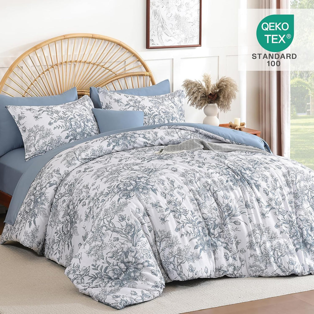 Queen Comforter Set 8 Pieces, Floral Comforter Set Blue, Bed in a Bag Queen