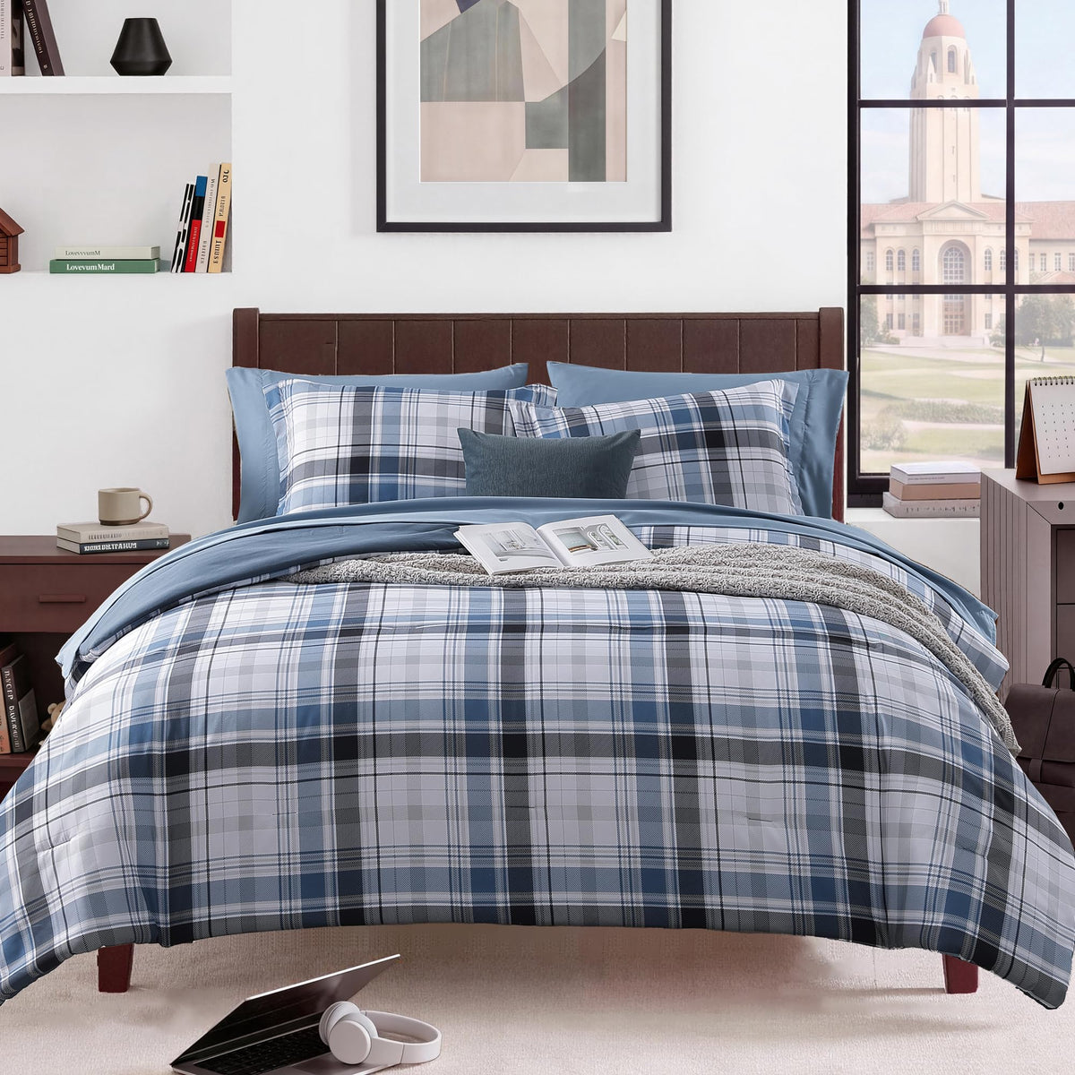 MaiRêve Plaid Queen Comforter Set Navy Blue 7 Pieces Bed in a Bag