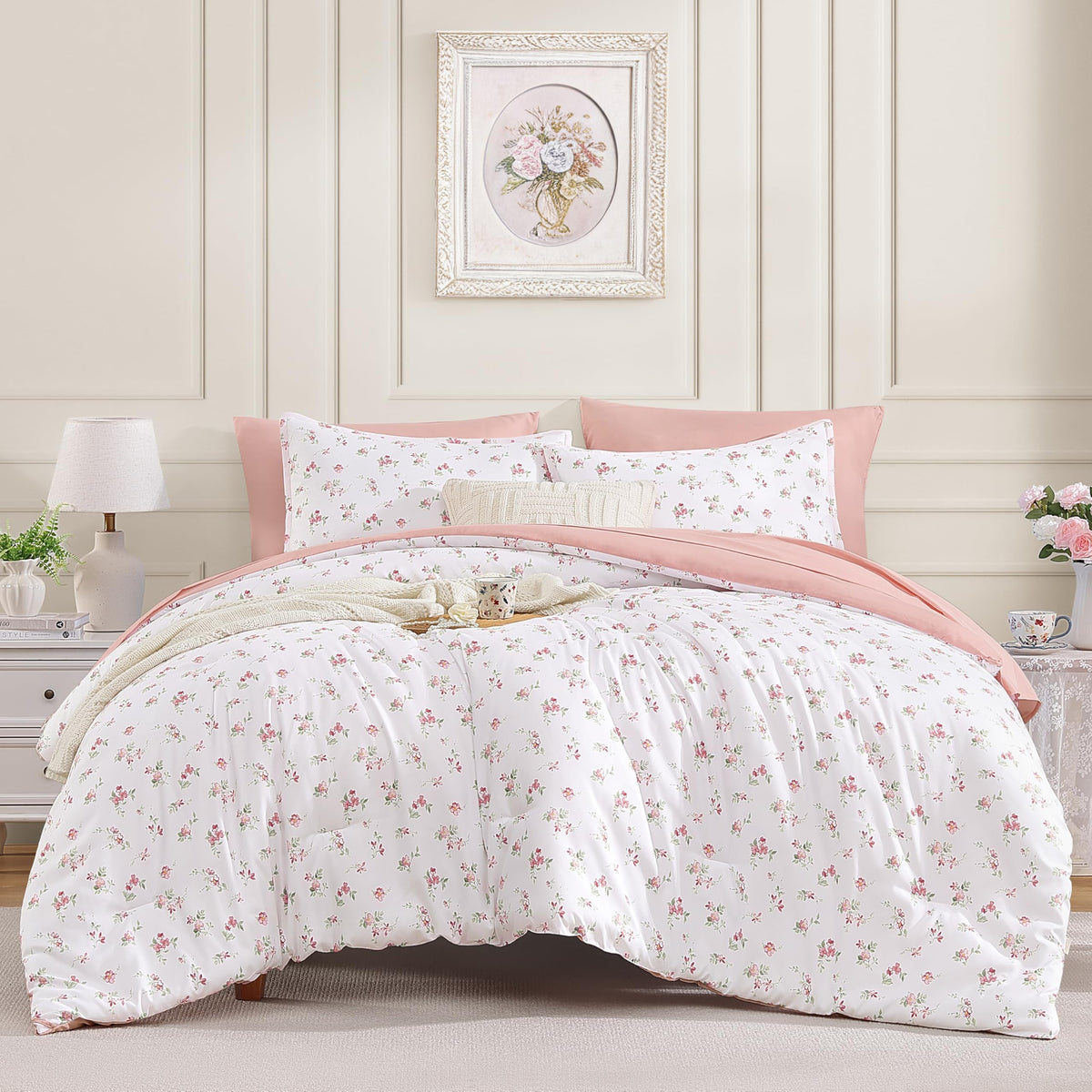 Andency Floral Full Comforter Set, 7 Pieces Cute Blue Coquette Bedding