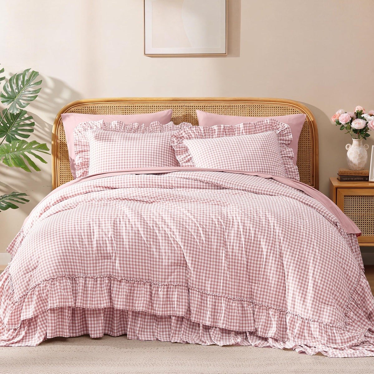 AMBERSPACE Queen Comforter Set White Ruffle 7 Pieces Farmhouse Bed in a Bag