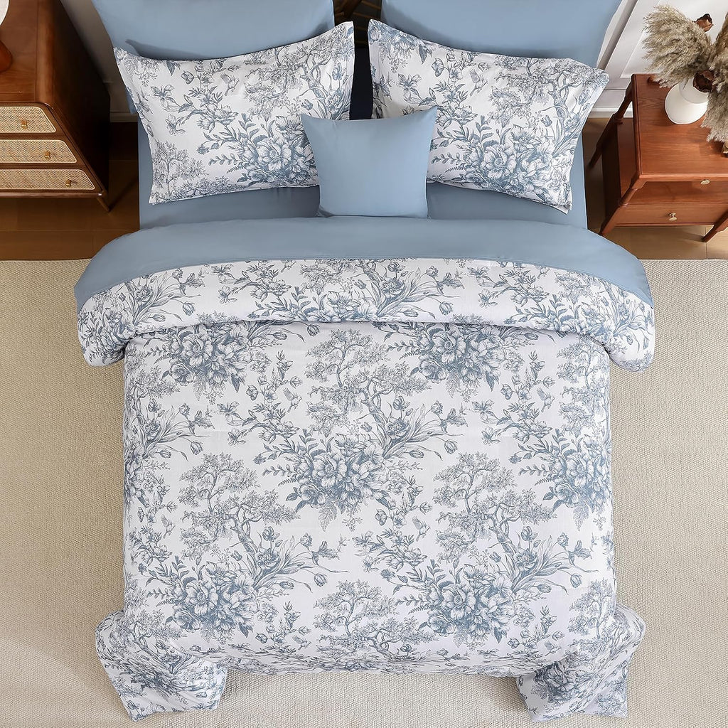 Queen Comforter Set 8 Pieces, Floral Comforter Set Blue, Bed in a Bag Queen