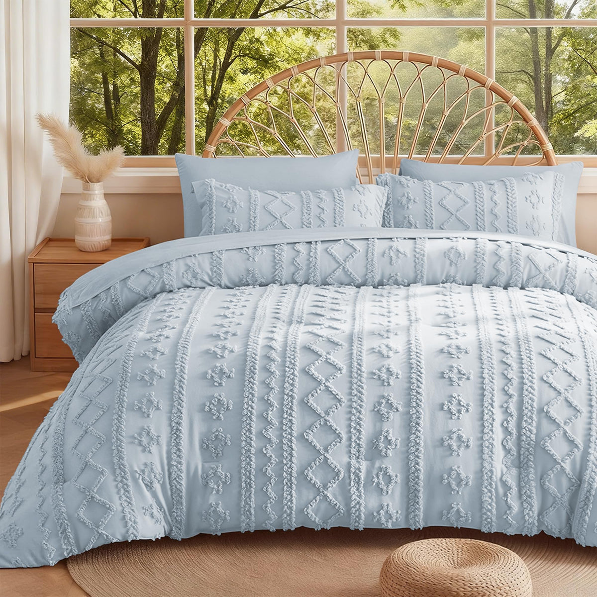 MR&HM Queen Comforter Set 7 Pieces, Fluffy Tufted Boho Beddding Set Beige