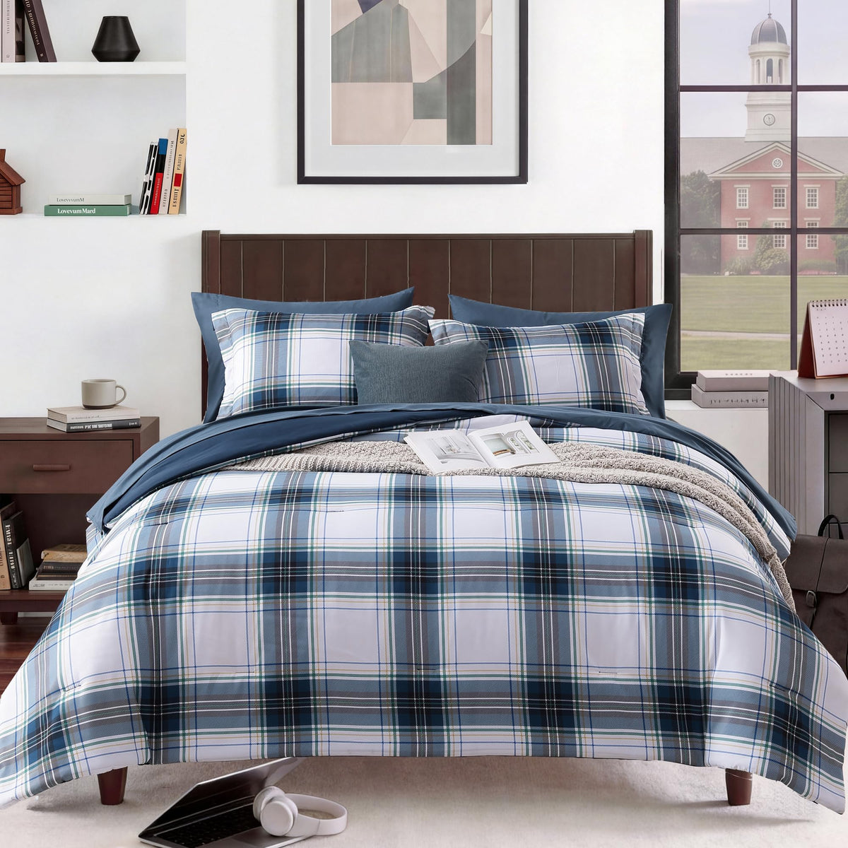 MaiRêve Plaid Queen Comforter Set Navy Blue 7 Pieces Bed in a Bag