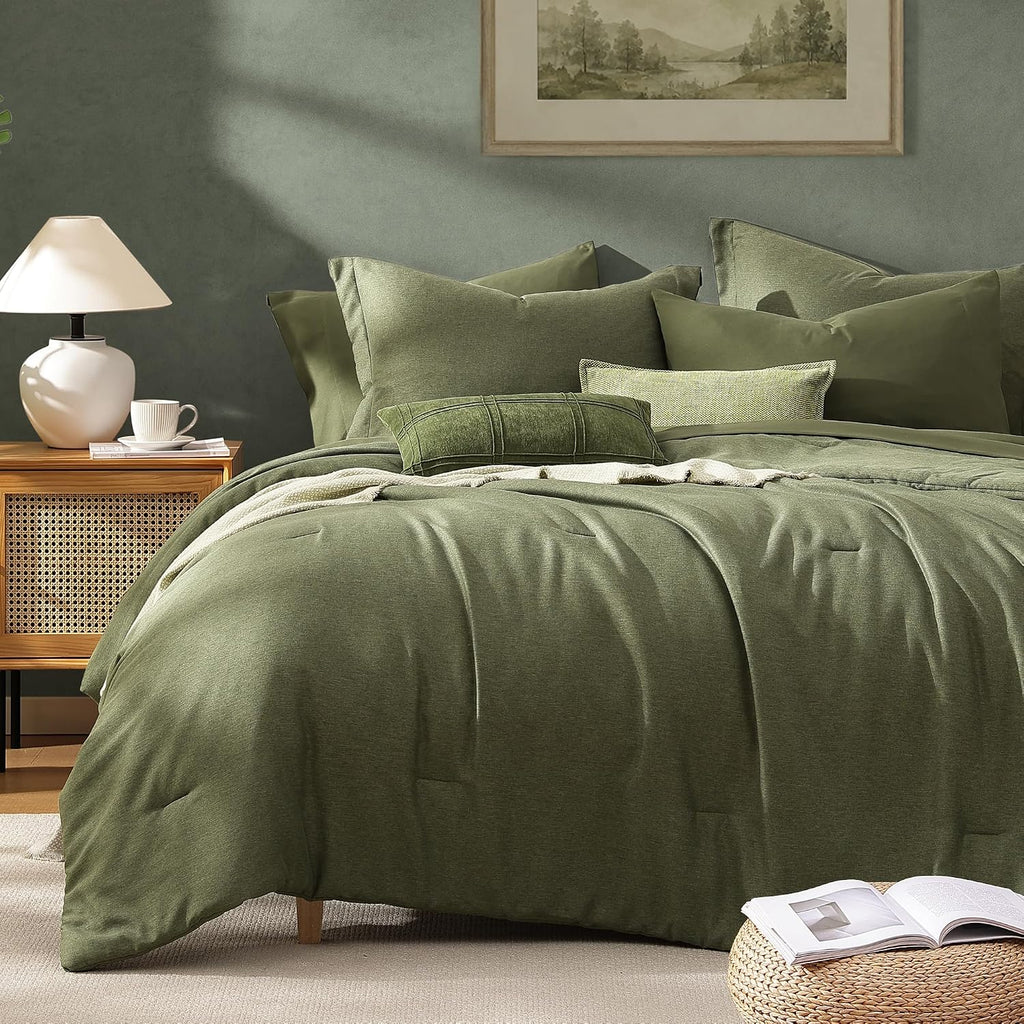 King Bedding Set - 7 Pieces Green Comforter Set King Size Soft Bed in a Bag