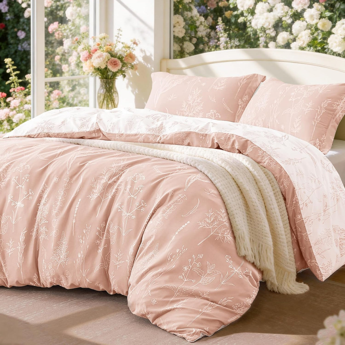 Love's cabin Floral Comforter Set Cute Bedding Full Reversible 3Pcs Pink