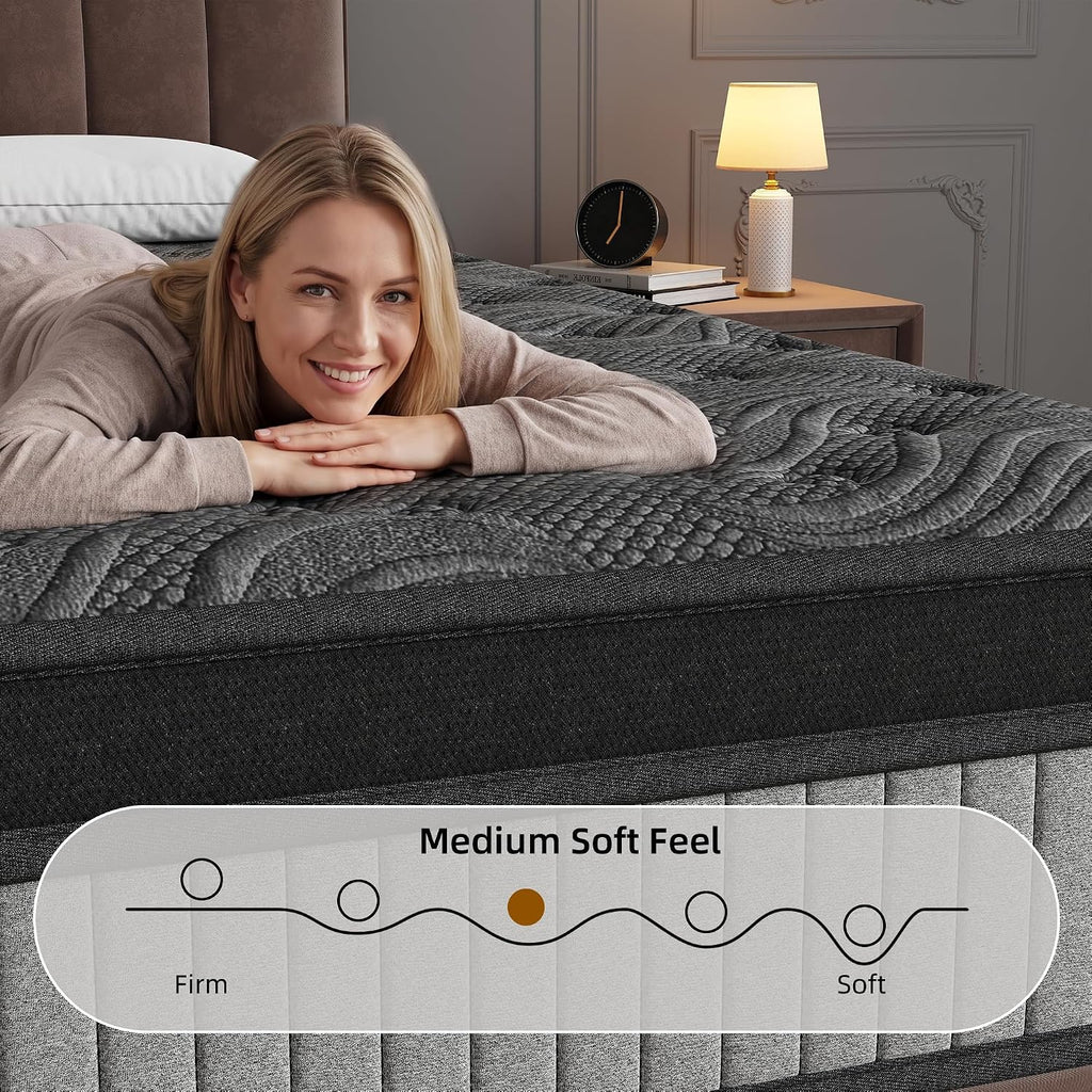14-Inch Queen Size Mattress in a Box, 12-Zone Ergonomic Pocket Springs, Black Thermoregulating Knit Cover with Grey Side Panels, Precision Pressure Relief & Zero Motion Transfer