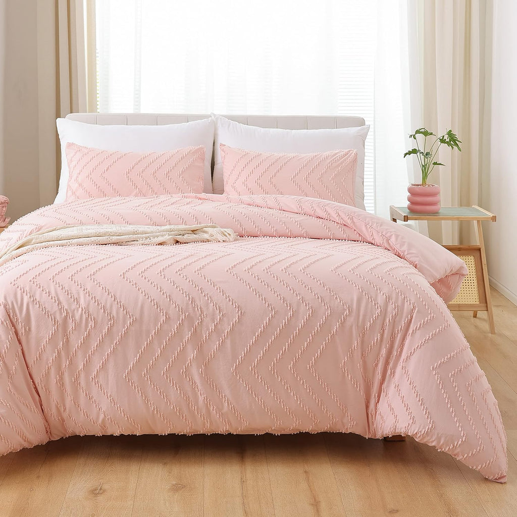 YIRDDEO Twin Size Comforter 2Pcs, Blush Pink Boho Chevron Bedding Sets