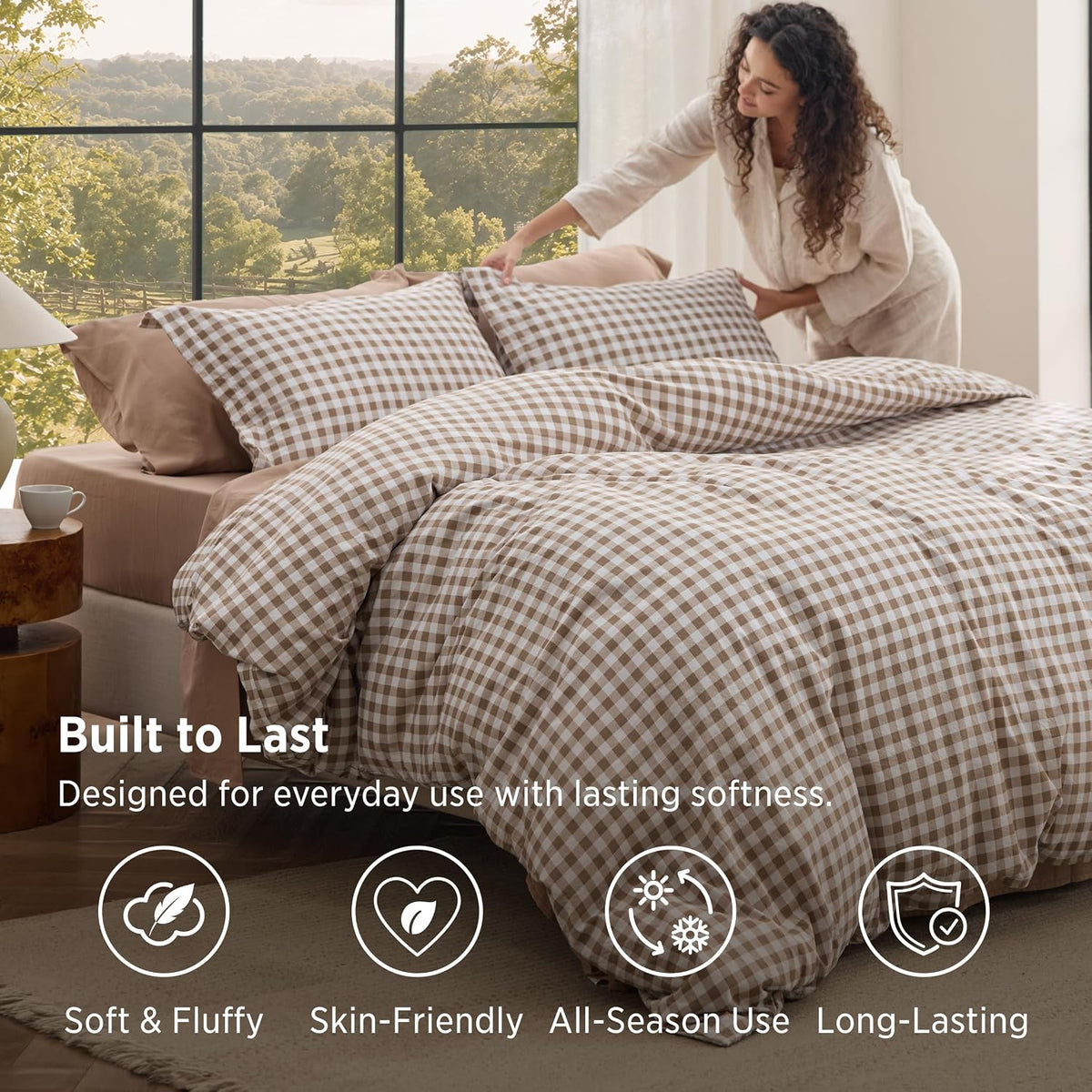 Bedsure Full Comforter Set Brown Gingham, Soft Fall Bed 3 pcs 82"x86"