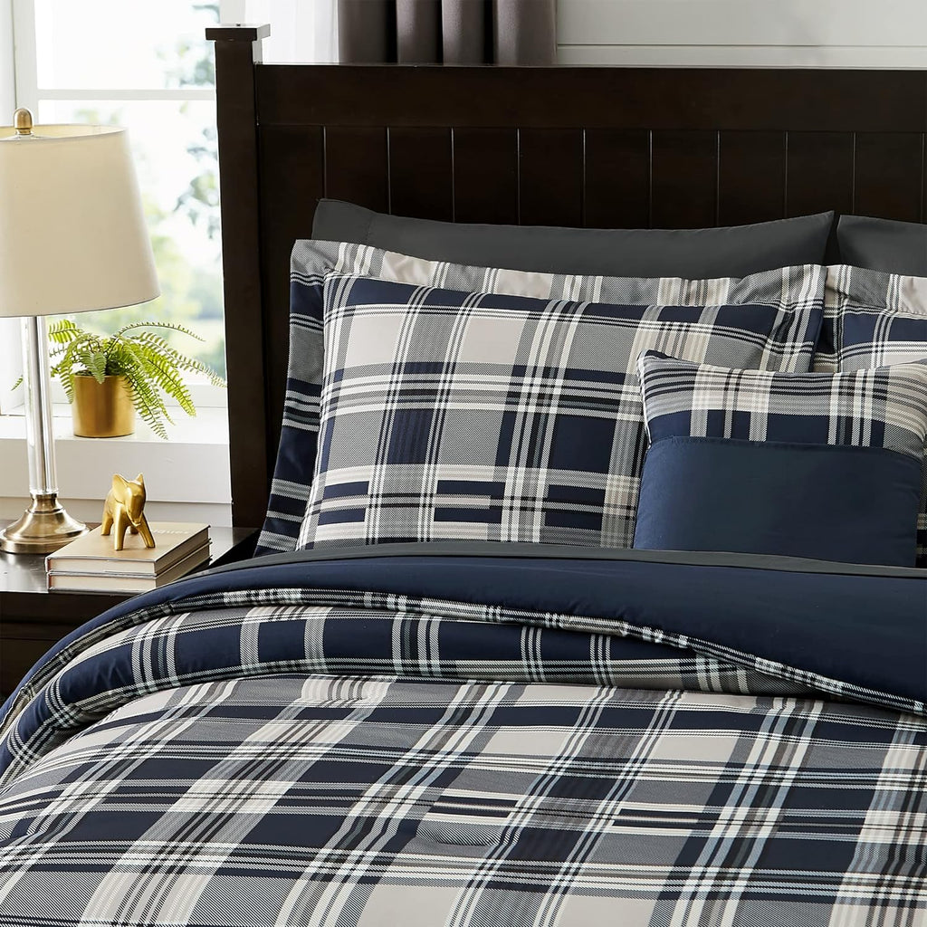 MaiRêve Plaid Queen Comforter Set Navy Blue 7 Pieces Bed in a Bag