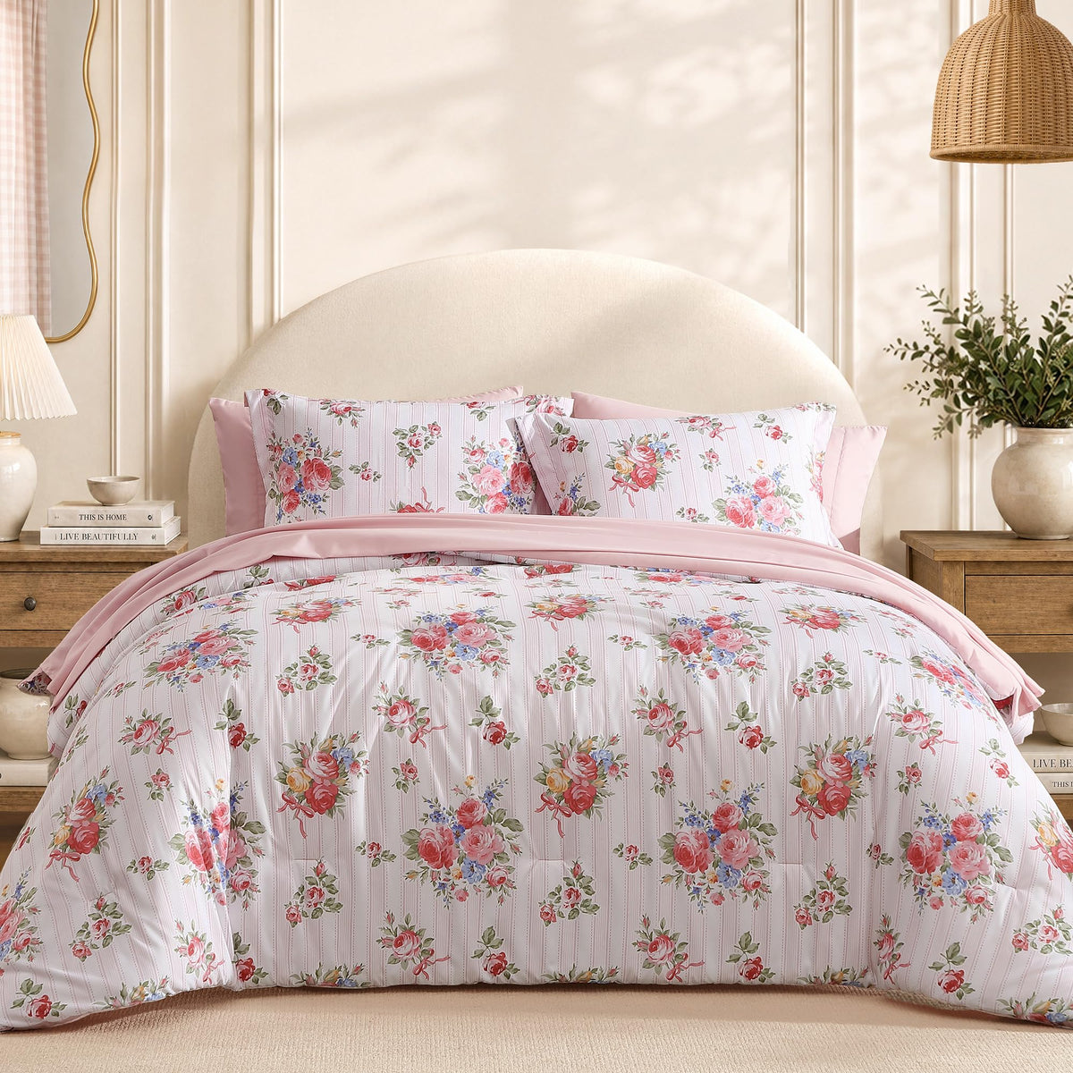 BLOOMHAVEN King Size Comforter Set-7 Pieces Blue Floral Bed in a Bag King