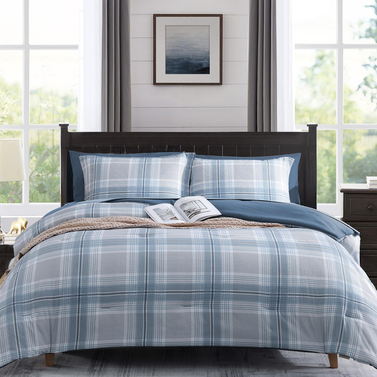 MaiRêve Plaid Queen Comforter Set Navy Blue 7 Pieces Bed in a Bag