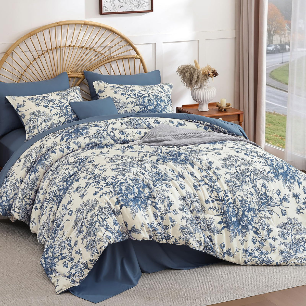 Queen Comforter Set 8 Pieces, Floral Comforter Set Blue, Bed in a Bag Queen