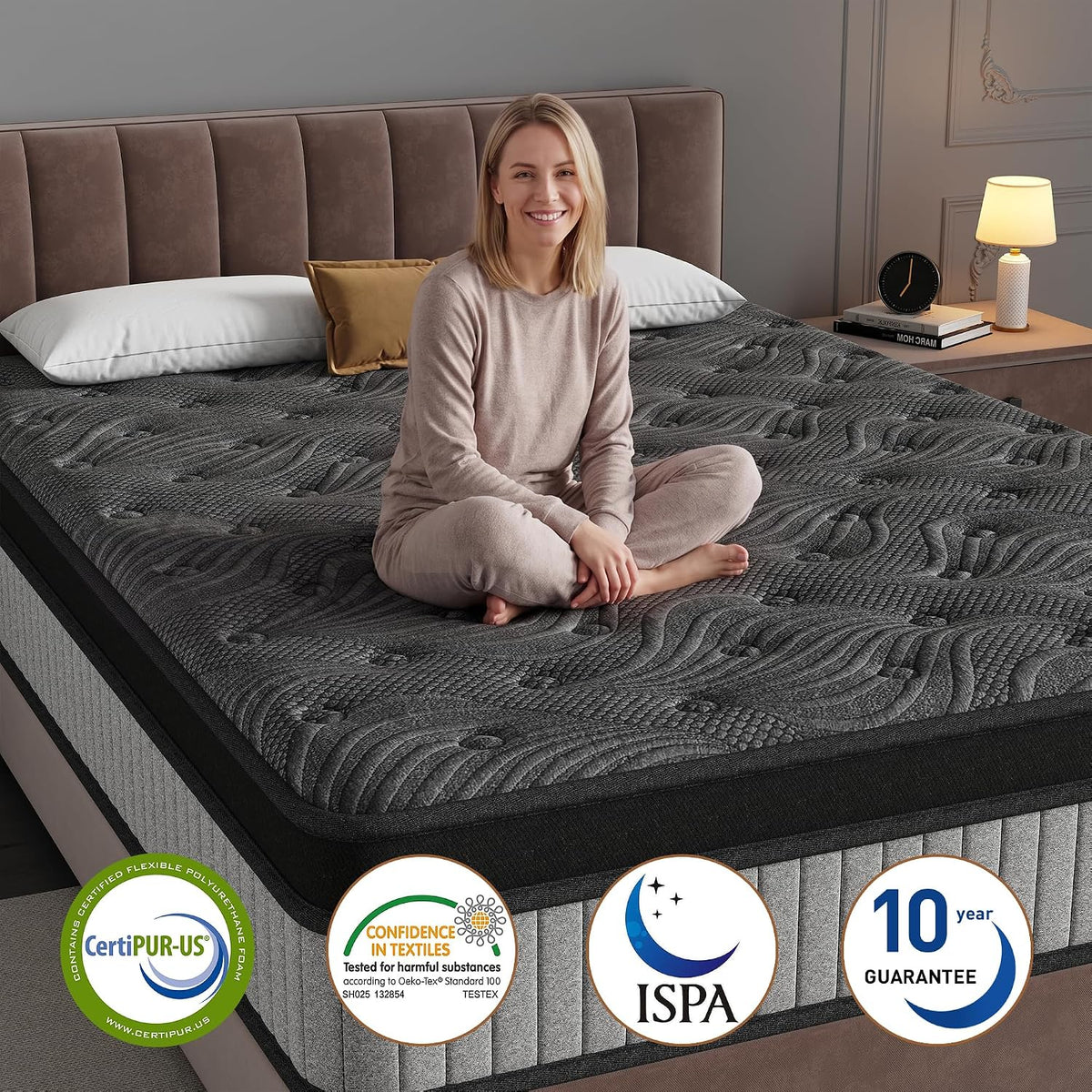 14-Inch Queen Size Mattress in a Box, 12-Zone Ergonomic Pocket Springs, Black Thermoregulating Knit Cover with Grey Side Panels, Precision Pressure Relief & Zero Motion Transfer
