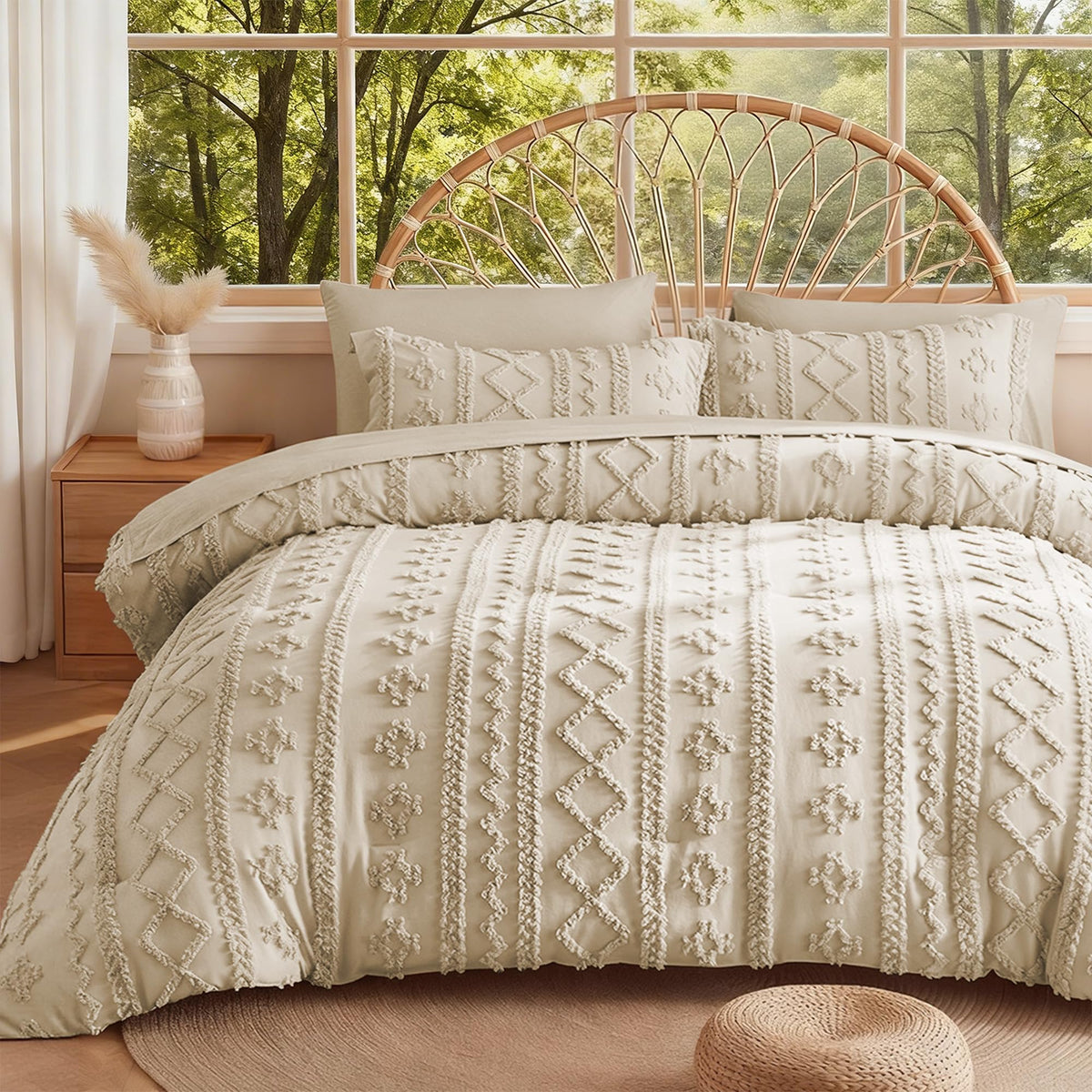MR&HM Queen Comforter Set 7 Pieces, Fluffy Tufted Boho Beddding Set Beige